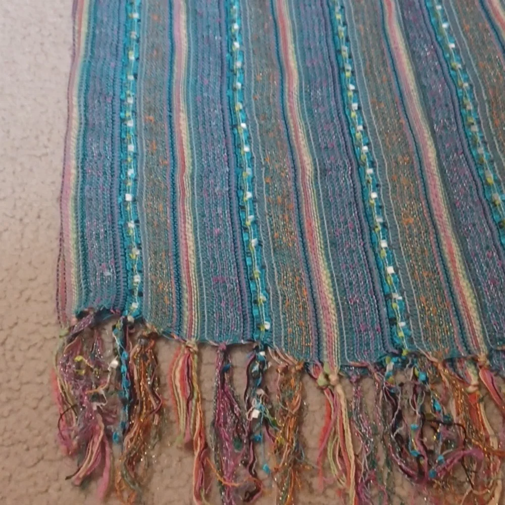 Colorful Striped Shawl With Fringe And Sparkle